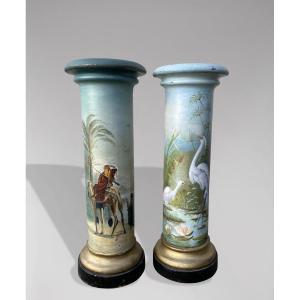 Pair Of 19th Century French Painted Columns Signed By Marguerite