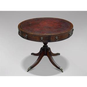19th Century Mahogany Burgundy Leather Top Drum Table