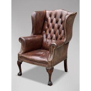 19th Century Brown Leather Wing Armchair