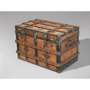 19th Century Victorian Period Pine Iron Bound Traveling Trunk