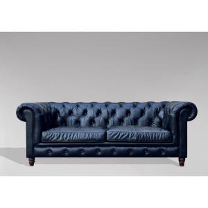 Large 3-seater Black Leather Chesterfield Sofa