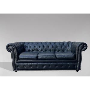 Three Seater Black Leather Chesterfield Sofa