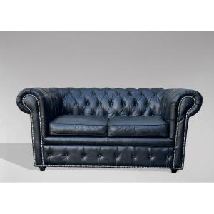 Two Seater Black Leather Chesterfield Sofa