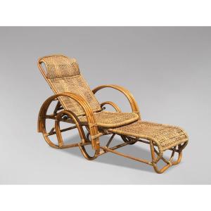 1950's Italian Bamboo & Rattan Chaise Longue Sun Lounger