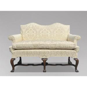 Edwardian Period Carved Walnut Upholstered Settee Of The Queen Anne Style