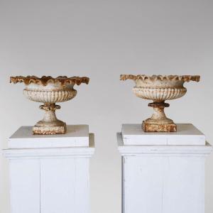Pair Of 19th Century English Cast Iron Tazza Urns Or Planters