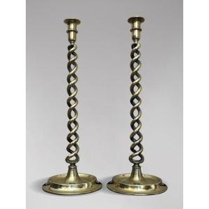 Pair Of Tall 19th Century Victorian Brass Barley Twist Candlesticks