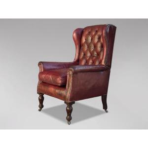 Untouched 19th Century Victorian Period Red Leather Wing Armchair