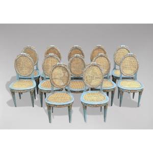 19th Century Set Of 12 Louis XVI Painted Caned Dining Chairs
