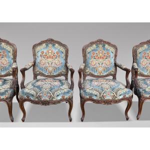 19th Century Set Of 4 French Louis XV Style Upholstered Armchairs