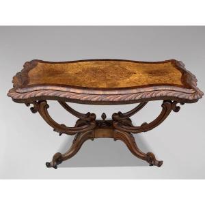 19th Century Victorian Period Burr Walnut Carved Center Table