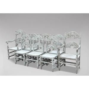 Set Of 8 Carved Oak Painted Yorkshire Dining Chairs