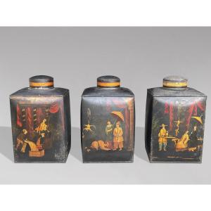 Set Of 3 William IV Period Painted Toleware Shop Tea Canisters