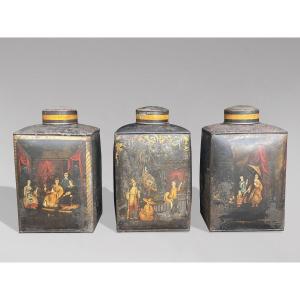 Set Of 3 William IV Period Painted Toleware Shop Tea Canisters