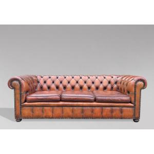 Early 20th Century Brown Leather 3-seater Chesterfield Sofa