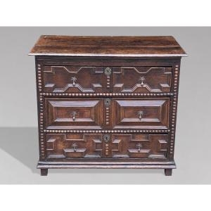 17th Century Charles II Period Jacobean Oak Geometric Chest Of Drawers