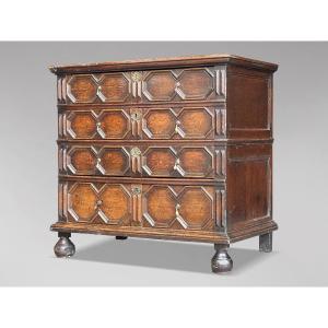 17th Century Charles II Jacobean Oak Geometric Chest Of Drawers