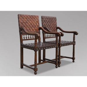 Pair Of 19th Century Oak And Woven Leather Armchairs