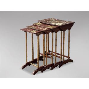 19th Century French Nest Of 4 Floral Painted Tables