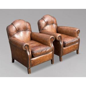 Pair Of 20th Century French Brown Leather Club Armchairs