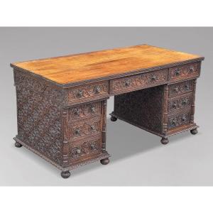 19th Century Anglo-indian Carved Padauk Partners Desk