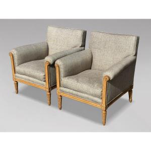 Pair Of 19th Century French Louis XVI Upholstered Bergère Armchairs