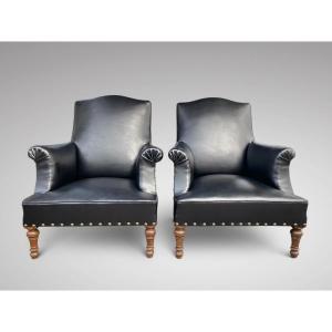 19th Century Pair Of French Black Leather Library Armchairs