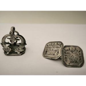 Exceptional Set Of Cufflinks And Naval Officer's Stamp 1st Empire