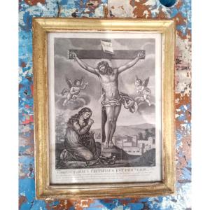 Antique Engraving: Crucifixion Scene