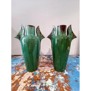 Pair Of Modernist Vases In Green Glazed Ceramic - Clément Massier