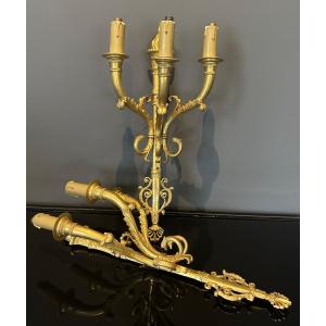 Important Pair Of Empire Style Gilt Bronze Sconces 19th