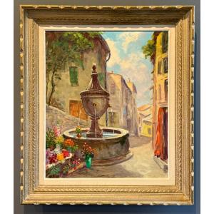 Pierre Forest, Oil On Canvas Fountain Saint Paul De Vence (1881 - 1971)