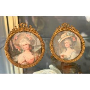 Pair Of Watercolor Miniatures In Gilt Bronze, Louis XVI Style, Circa 1900