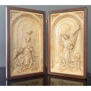 Enrique Orejudo Alonso, Alabaster Diptych Of "the Annunciation" 20th Century