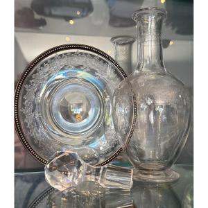 Baccarat, Engraved Crystal Decanter And Bowl