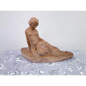 Enrique Pacheco, Young Woman With A Borzoi Hound, 1940, Terracotta