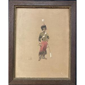 Louis Vallet (1856-1940), Non-commissioned Officer Of The Guides, 1869, Watercolor