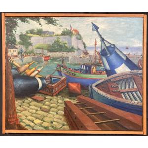E. Burtin (french School), Port Of Belle-île-en-mer, Citadel, Oil On Canvas Signed, 1959