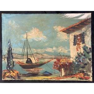 French School, Mediterranean Marine, Oil On Canvas, Circa 1960