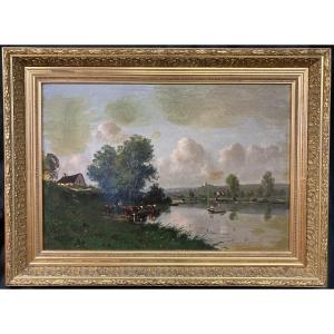 French School, Norman Lake Landscape, 19th Century, Signed And Framed