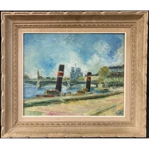 French School, 20th Century, Parisian Barge At The Quayside, Oil On Canvas Mounted On A Board