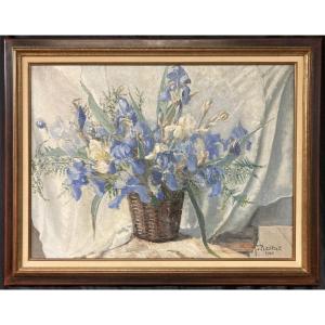 Georges Prestat (1911-1994), Bouquet Of Irises, Oil On Canvas, 1946