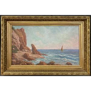 French School Of The 20th Century, Mediterranean Seascape, Oil On Canvas Signed