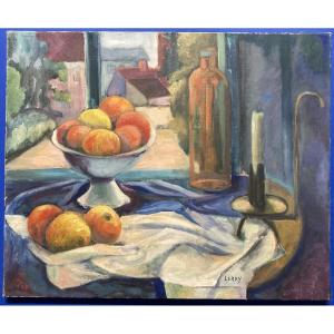 French School 20th Century "in Front Of The Window" Fauvist Still Life Signed Leray, Oil On Canvas