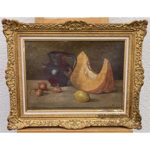 French School, Still Life With Pumpkin And Pitcher, Oil On Canvas, Framed