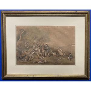 French School, 19th Century, Luncheon After The Hunt, Framed Watercolor And Gouache