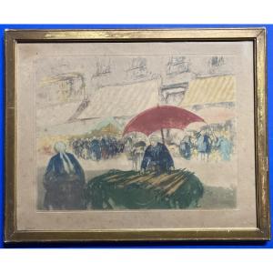 Georges Gobeau, Known As Gobô (1876-1958), The Market Of Douarnenez, Framed Aquatint