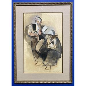 Manolo Ruiz-pipó (1929-1998), Couple Of Biot, Watercolor And Gouache, Signed, 1959, Framed