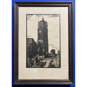 Jean Ferrieu (1900-1987), Rodez Cathedral, Framed Wood Engraving In Two Colors