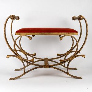 Pair Of Art Deco Curule Stools In Gilded Wrought Iron – Vintage 1930s-1940s Luxury